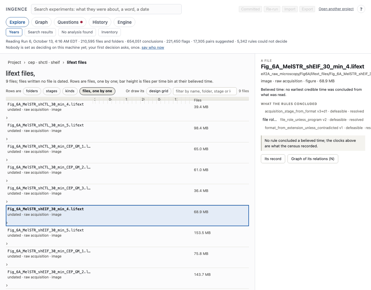 The Dashboard's list of the files in one experiment of this study, nine files with their sizes and the label "raw acquisition".