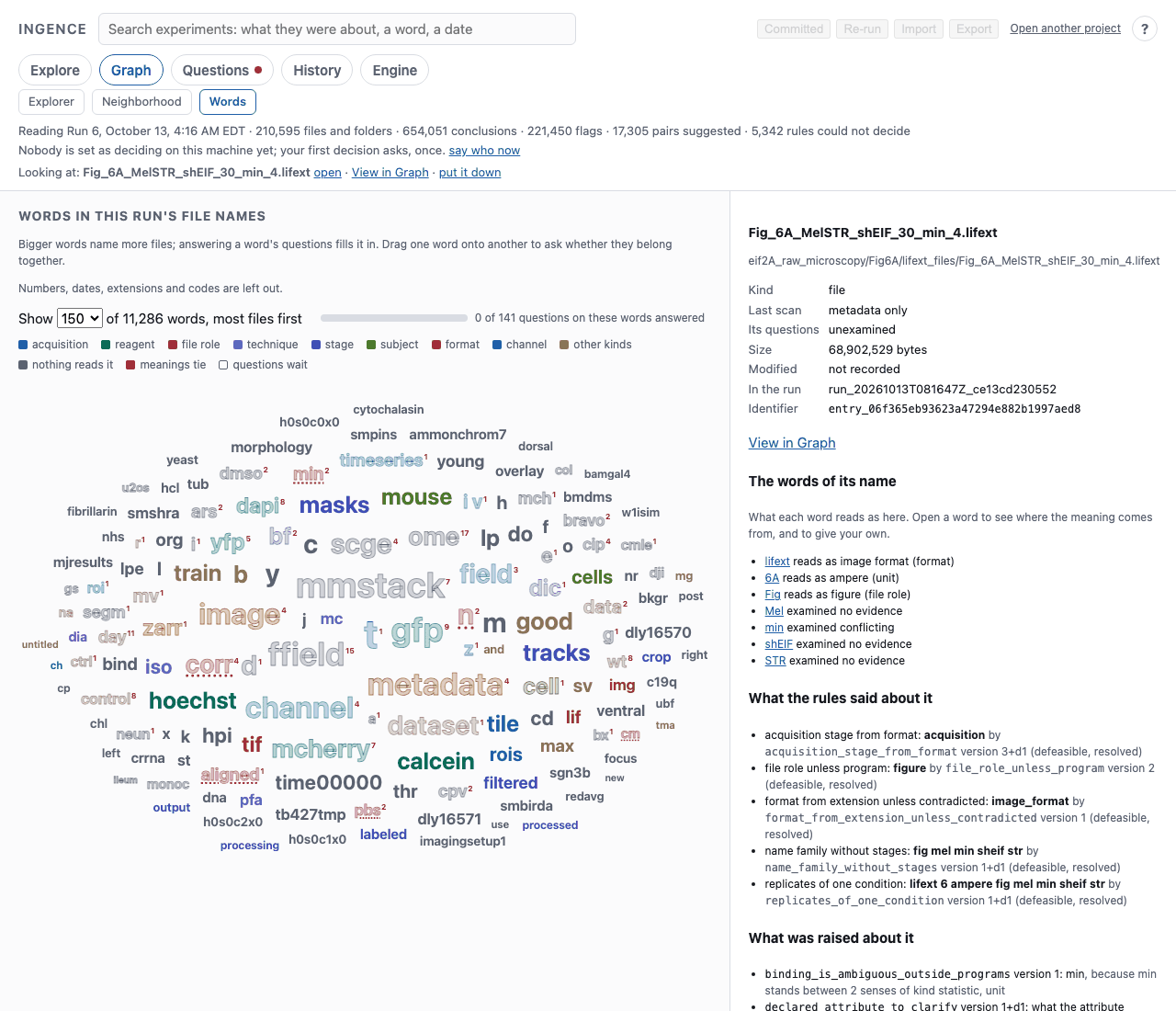 The Dashboard's Words page: the 150 words that name the most files, each sized by how many files it names and colored by what the Dictionary says it is.